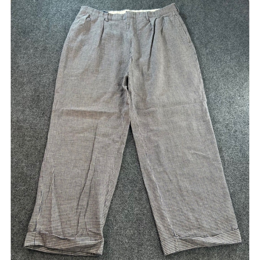 Polo Ralph Lauren Trousers Mens 36x30 Blue Houndstooth Linen Cotton Pleated Cuff